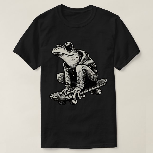 Camiseta Skateboard do Sapo preto e branco retrô (Frente do Design)