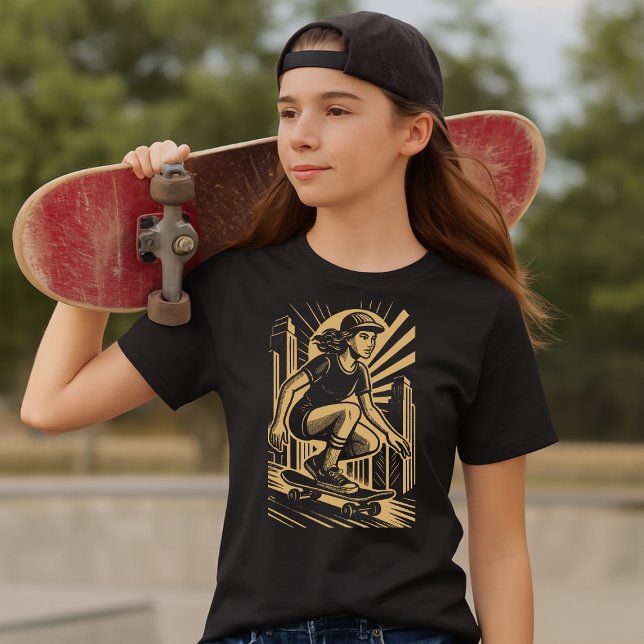 Camiseta Skateboarder Girl In Retro Art Deco Gold Style (Criador carregado)