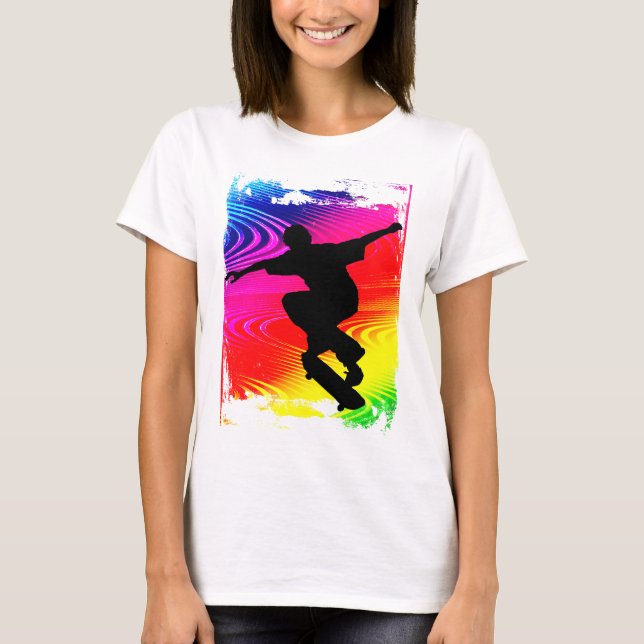 Camiseta Skateboarding no Grunge do arco-íris (Frente)