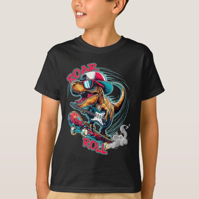 Camiseta Skater Guitar T-rex Roar Roll Dinosaur For Boys Me (Frente)