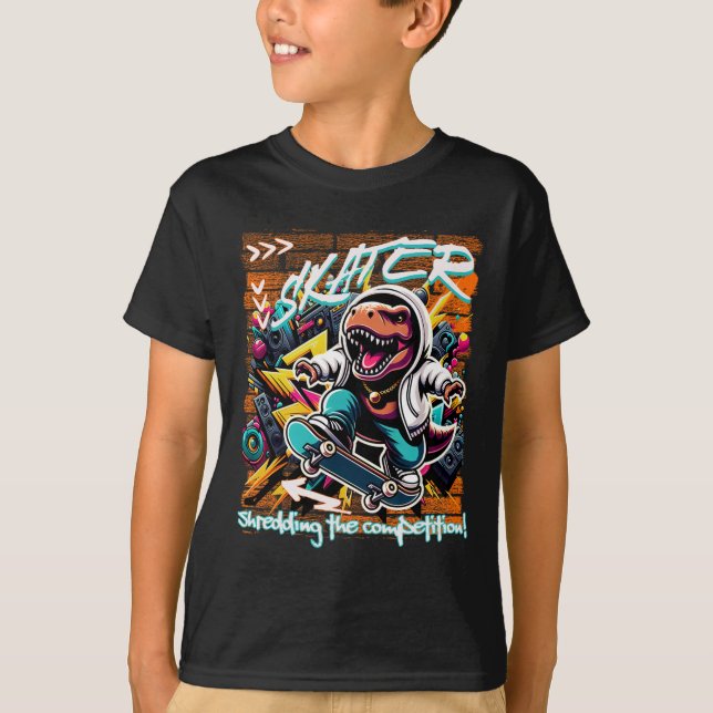 Camiseta Skater Shredding The Competition! Kids Funny T-rex (Frente)