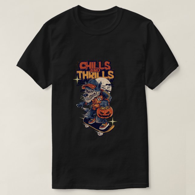 Camiseta Skater Werewolf Halloween Chills e Thrills Retro (Frente do Design)
