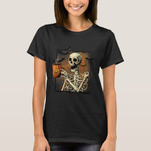 Camiseta SkeletBebendo Café Engraçada Casca Halloween Cos