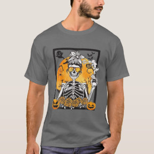 Camiseta SkeletBebendo Café Engraçada Casca Halloween Cos