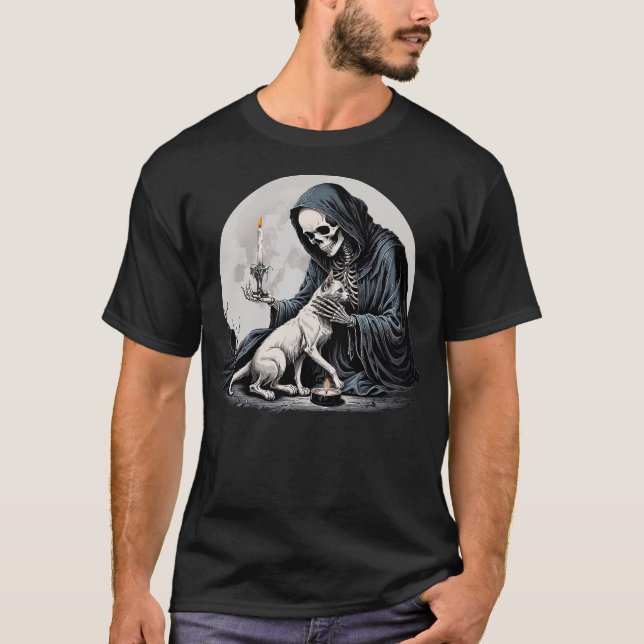 Camiseta Skeleton And Cat Cute Kitten Halloween Spooky Full (Frente)
