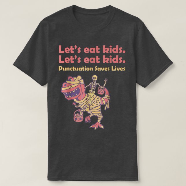 Camiseta Skeleton Andando Mummy Dinossaur Vamos Eat Kids Ha (Frente do Design)