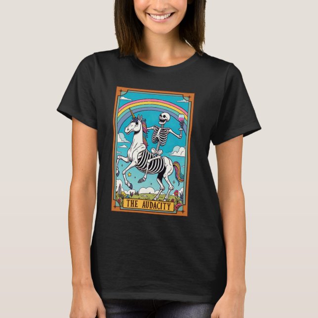 Camiseta Skeleton Andando Unicorn Sarcasm Audacidade Tarot (Frente)