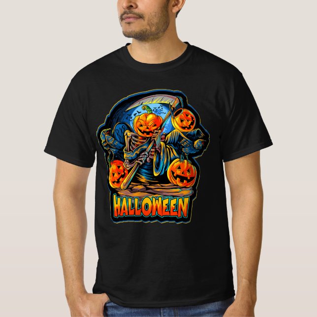 Camiseta Skeleton Angel of Death Halloween Pumpkin Crows (Frente)