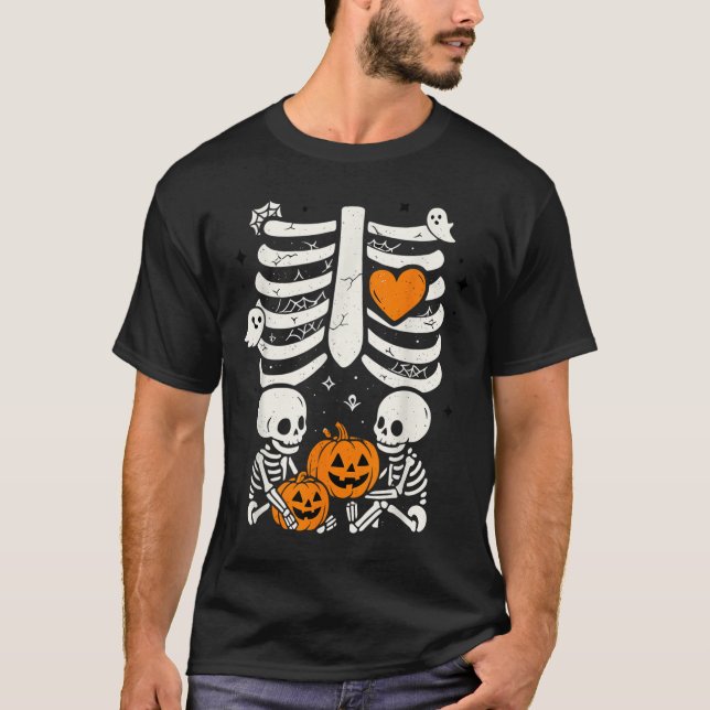 Camiseta Skeleton Baby Twins Halloween Pregnancy Announceme (Frente)