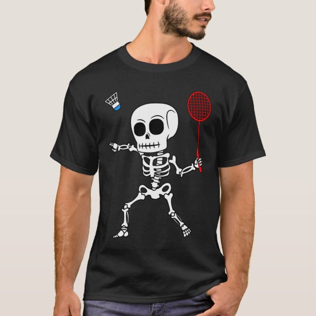 Camiseta Skeleton Badminton Halloween Churrasco Fácil (Frente)