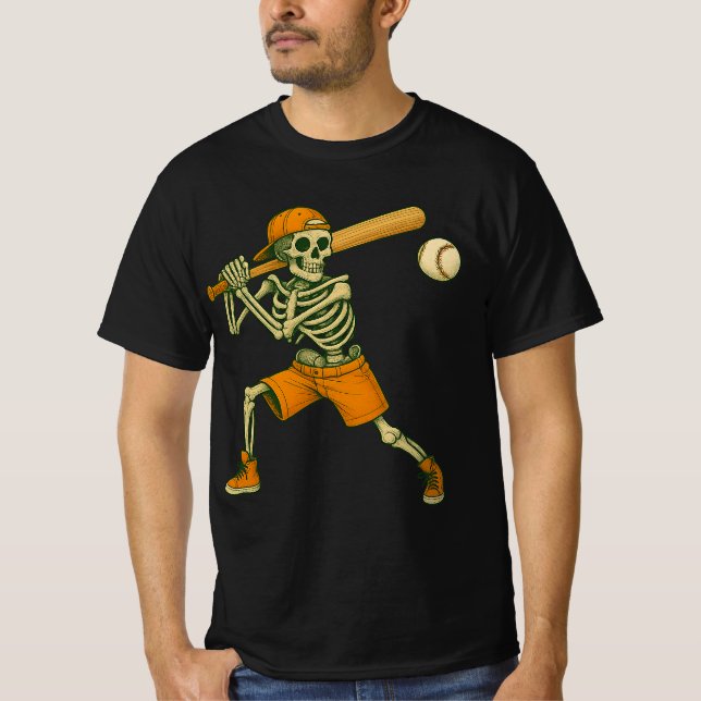 Camiseta Skeleton Batting Baseball Halloween Mens Womens Ki (Frente)