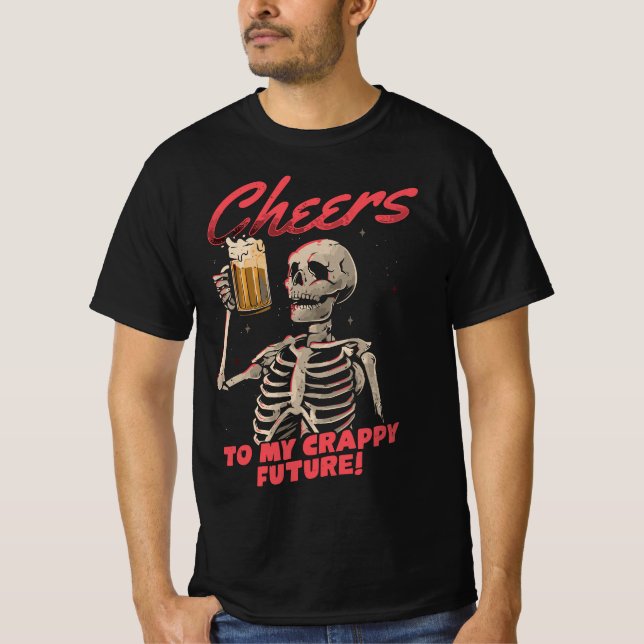 Camiseta Skeleton Bebendo Beer, Skull, New Halloween 2023 (Frente)