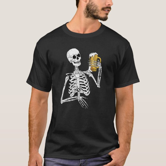 Camiseta Skeleton Bebendo preguiçoso Halloween Costume Lega (Frente)