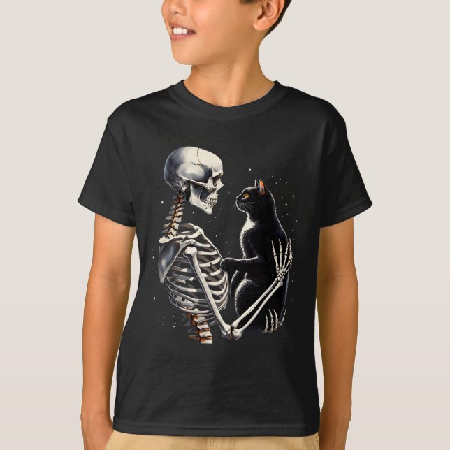 Camiseta Skeleton Brincando Com Um Gráfico De Gato Capa De  (Frente)