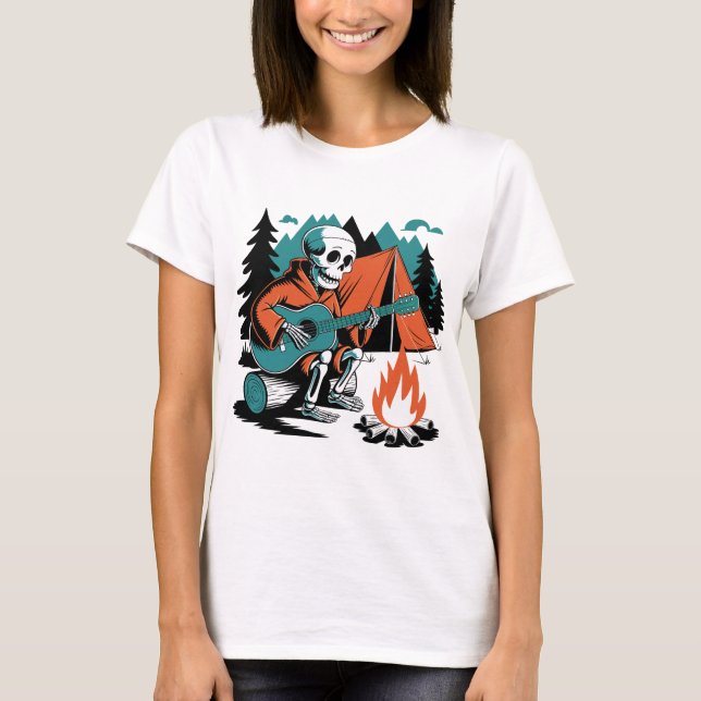 Camiseta Skeleton Camping Guitar Design (Frente)