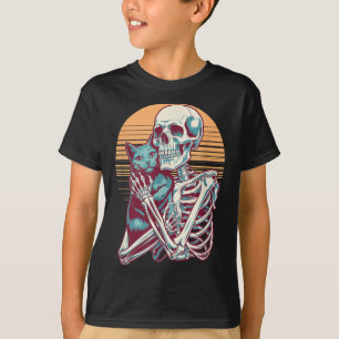 Camiseta Skeleton Cat Gatinho Skull Vintage Homens de Hallo