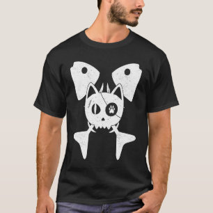 Camiseta Skeleton Cat Pirate Fish Bones Bandeira
