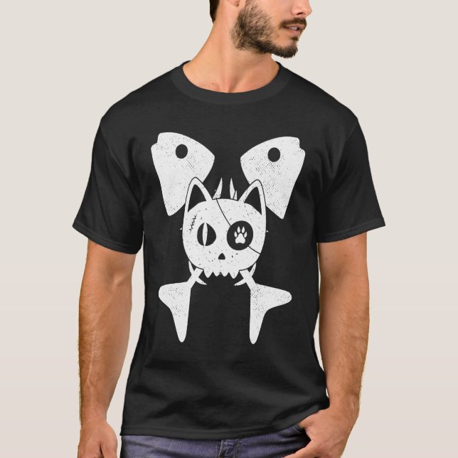 Camiseta Skeleton Cat Pirate Fish Bones Bandeira (Frente)