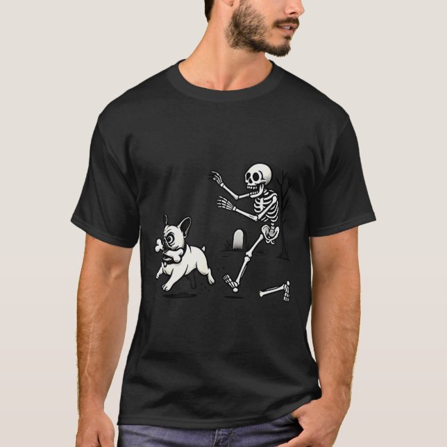 Camiseta Skeleton Chasing French Bulldog Biting Leg Bone Ha (Frente)