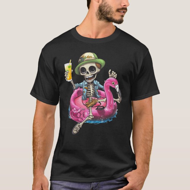 Camiseta Skeleton Chilling On Flamingo Lifebuoy Halloween S (Frente)