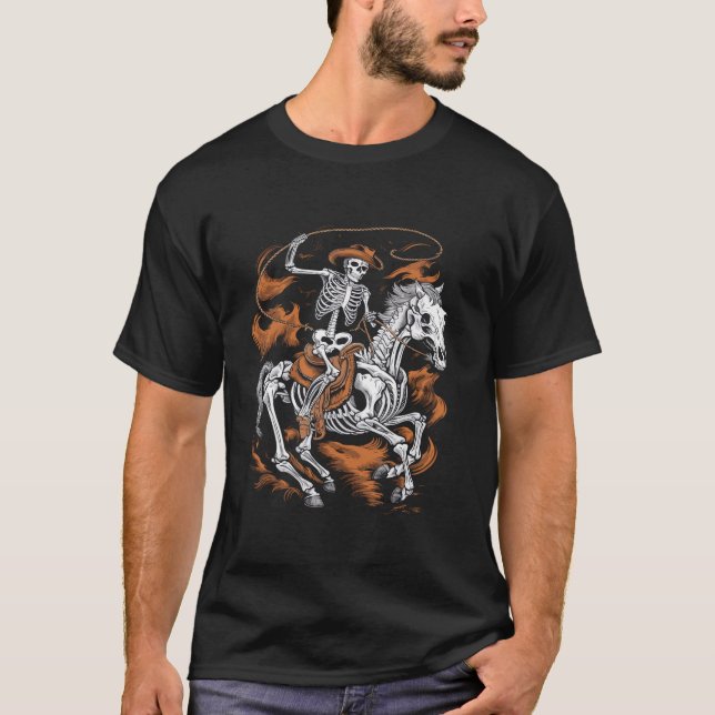 Camiseta Skeleton Cowboy Andando Cavalo Homens de Figurino (Frente)