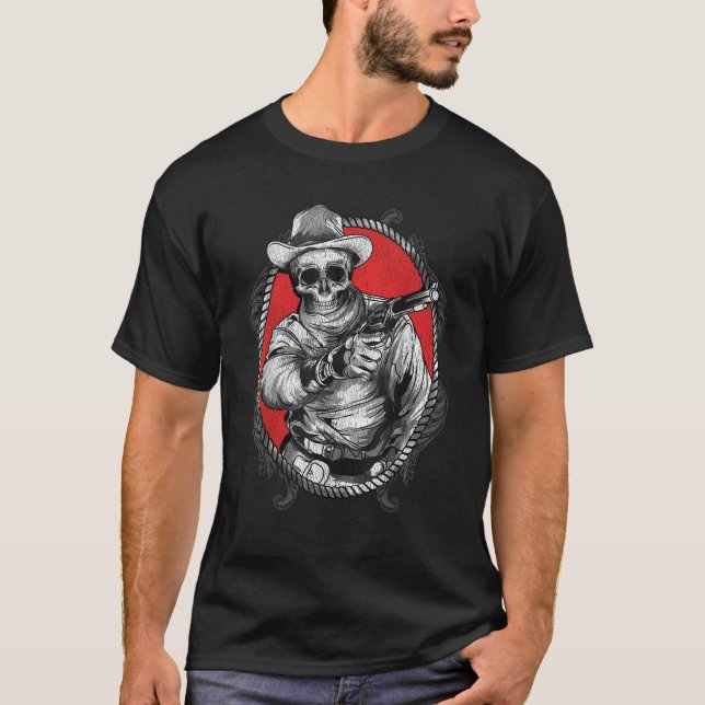 Camiseta Skeleton Cowboy Gunslinger Outlaw Wild West Shir (Frente)