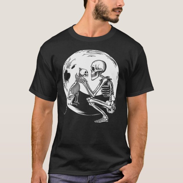 Camiseta Skeleton Cute Cat Skull Kitty Halloween Men Women  (Frente)