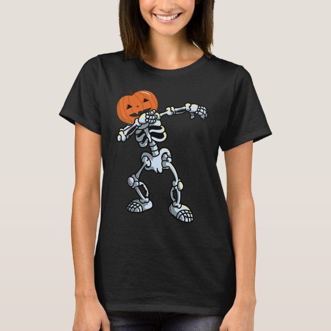 Camiseta Skeleton Dabbing Pose Jack O' Lanterna Pumpkin Hal (Frente)