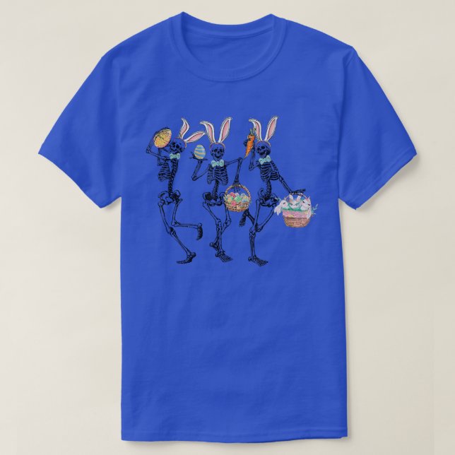 Camiseta Skeleton Dançando Com Coelhinhos E Ovos De Páscoa (Frente do Design)