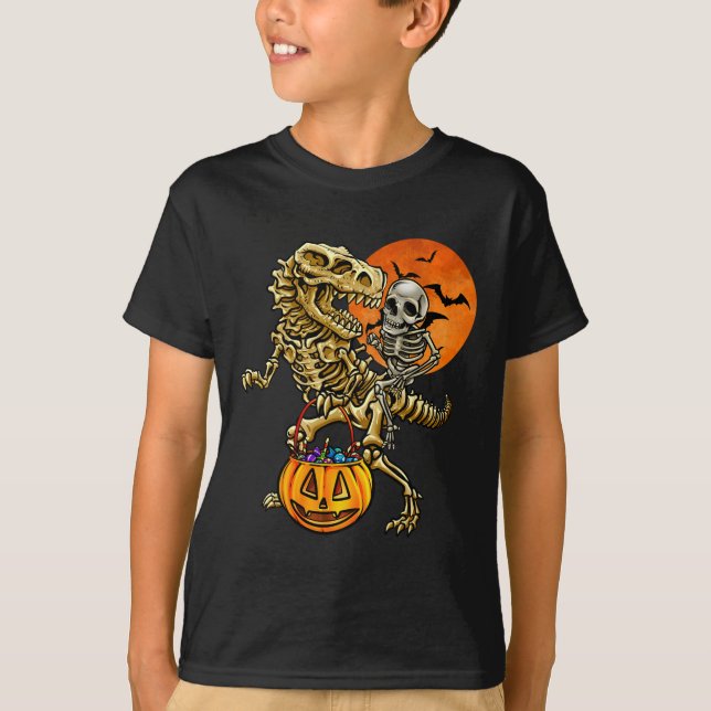 Camiseta Skeleton Dinosaur Halloween Pumpkin For Boys Kids  (Frente)