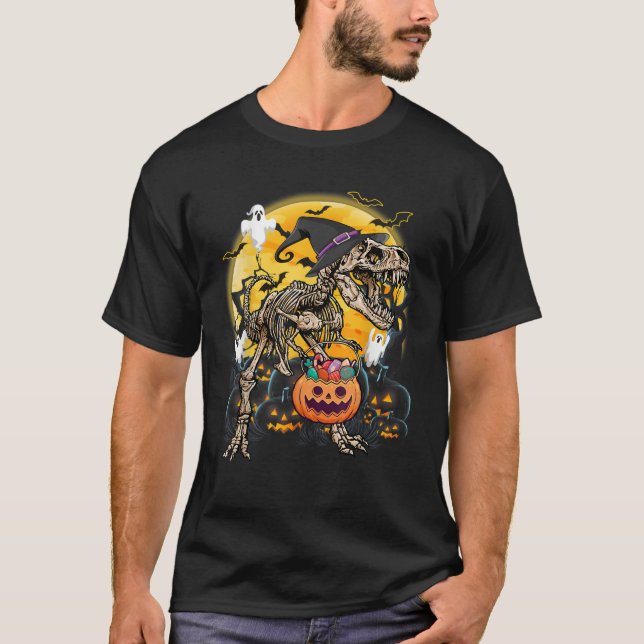 Camiseta Skeleton Dinosaur Halloween T Rex Pumpkin Costume (Frente)