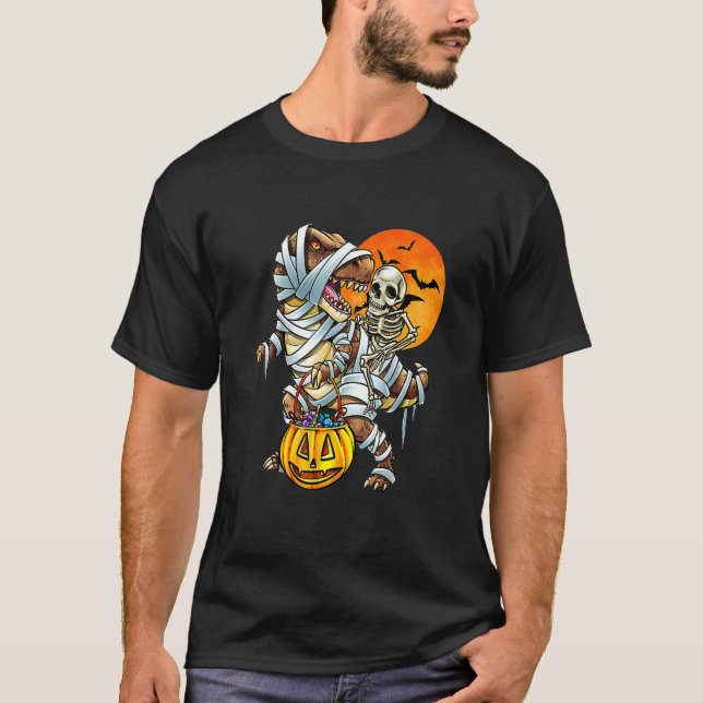 Camiseta Skeleton Dinosaur rex Boys Halloween Mummy  Pumpki (Frente)