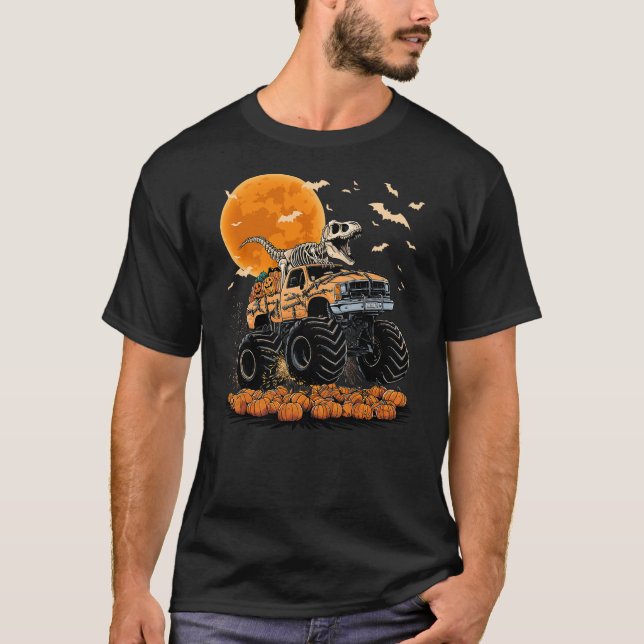 Camiseta Skeleton Dinosaur T-rex Riding Monster Truck Hallo (Frente)