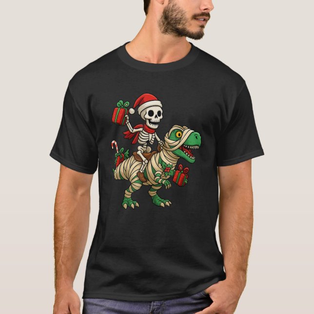 Camiseta Skeleton Dinosaur Ugly Christmas Party Winter Holi (Frente)
