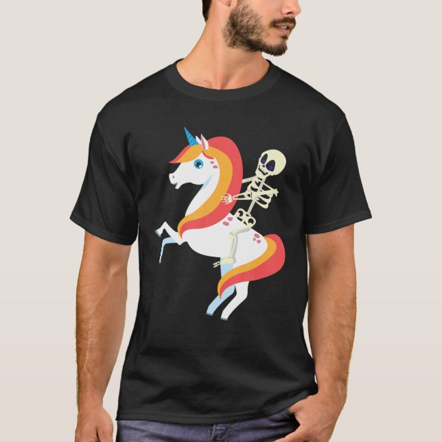 Camiseta Skeleton dirigindo Unicorn Cute Funny Skull Hallow (Frente)