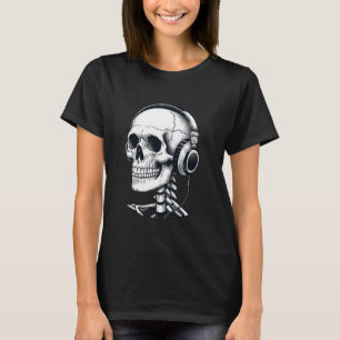 Camiseta Skeleton DJ Fones de ouvido Spooky Skull Musical H