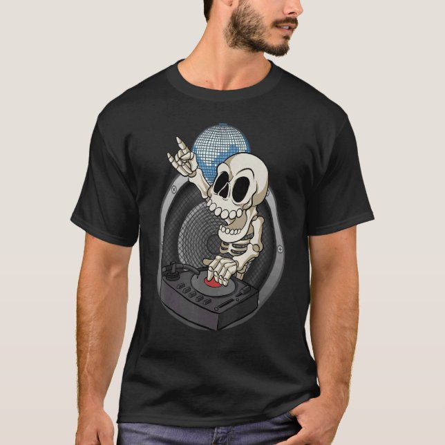 Camiseta Skeleton Dj Mixing Desk Synthesizer Techno Raver F (Frente)