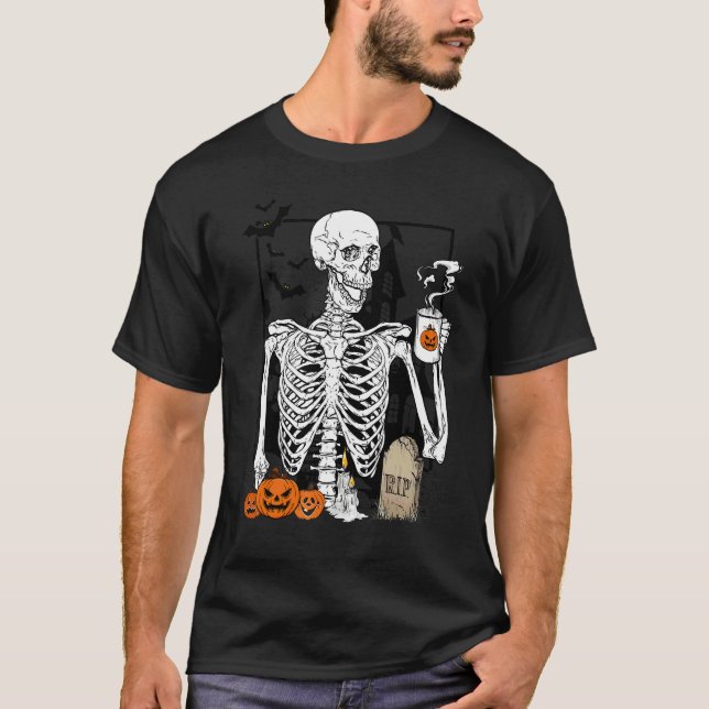 Camiseta Skeleton Drinking Coffee   Halloween Skull 1 (Frente)