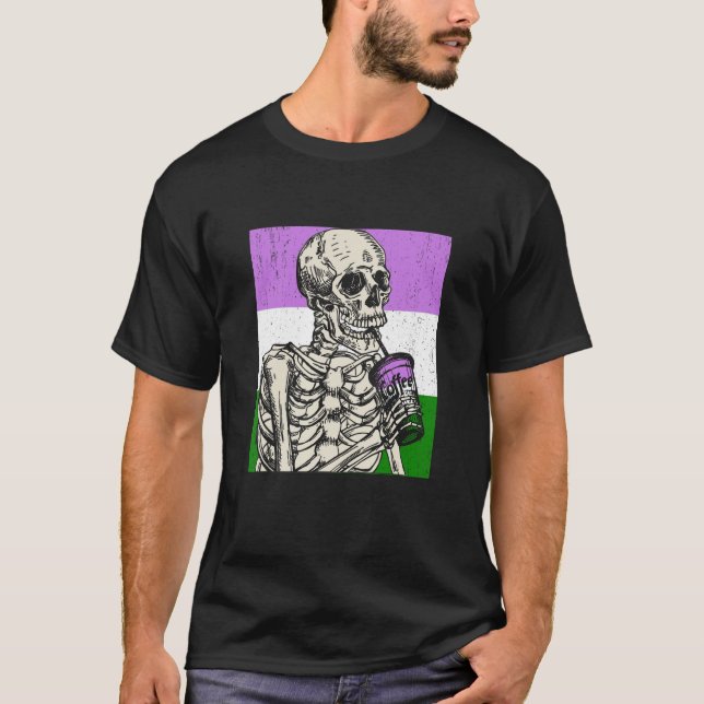 Camiseta Skeleton Drinking Coffee LGBTQ Genderqueer Pride F (Frente)