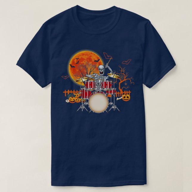 Camiseta Skeleton Drummer Halloween Costume Tocando Tambore (Frente do Design)