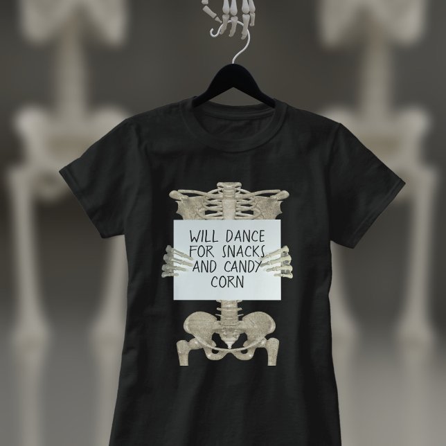 Camiseta Skeleton engraçado Slogan Halloween T-Shirt (I Will Dance for Snacks and Candy Corn! What will you dance for?)