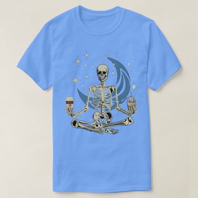 Camiseta Skeleton Fazendo Yoga E Bebendo Café Engraçado Med (Frente do Design)