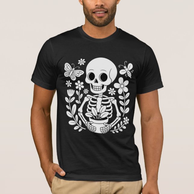 Camiseta Skeleton Gardener Art Whimsical Flower Pot  (Frente)