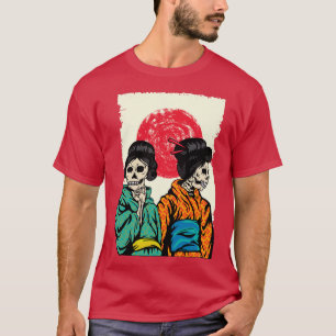 Camiseta Skeleton Geisha Girls na Ascensão Sun Kanji Japonê
