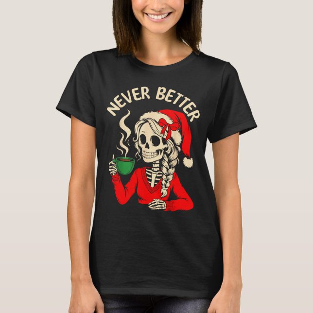 Camiseta Skeleton Girl Santa Drinking Coffee Xmas Funny Sku (Frente)
