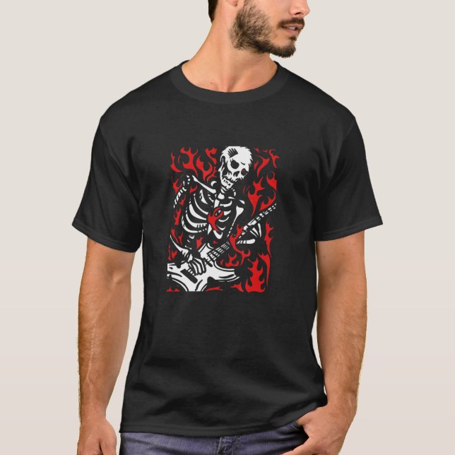 Camiseta Skeleton Guitar Flame Rock For Banda (Frente)
