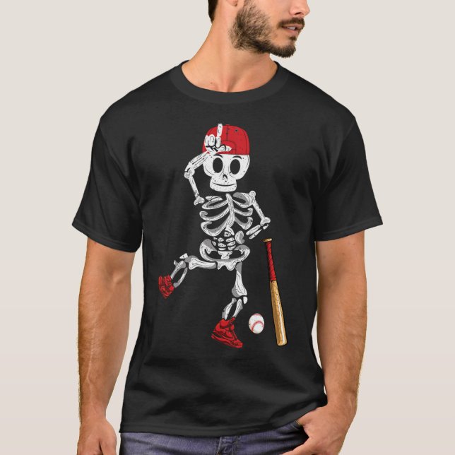 Camiseta Skeleton Halloween Engraçado Esqueleto Jogando Bas (Frente)