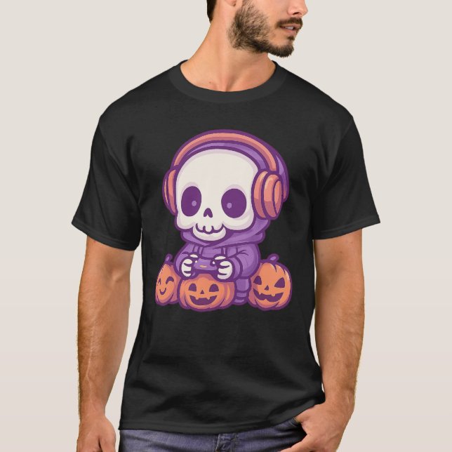 Camiseta Skeleton Halloween Skull Gamer Spooky Pumpkin game (Frente)