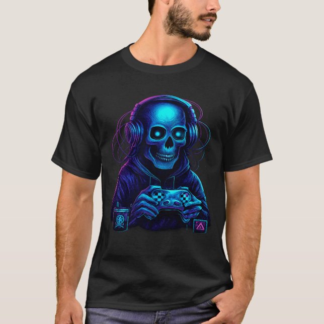 Camiseta Skeleton Halloween Skull Gamer Spooky Pumpkin game (Frente)