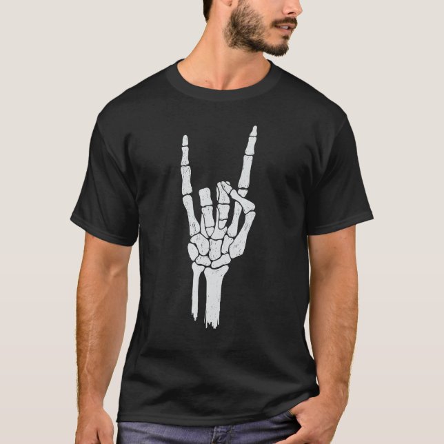Camiseta Skeleton Hand Devil Horns Rock Gesture (Frente)